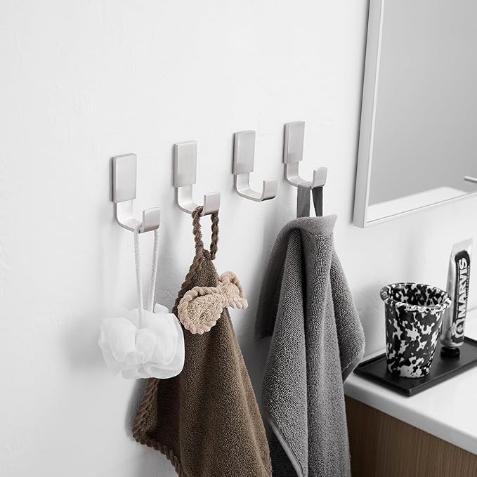 BESy Brass Clothes Hook Single Towel Hook for Bathroom Kitchen Garage Square Style Robe Hooks Coat Hooks Hat Hook, Self Adhesive with Glue or Wall Mounted with Screws, Four Packs, Brushed Nickel