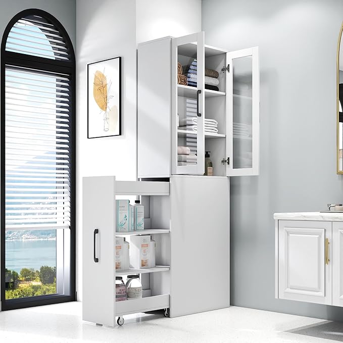 White Tall Storage Cabinet with Glass Doors and Pull-Out Rolling Cart, 71” Narrow Pantry Cabinet with Adjustable Shelves, Modern Display Bookcase for Kitchen, Bathroom, Office, Living Room
