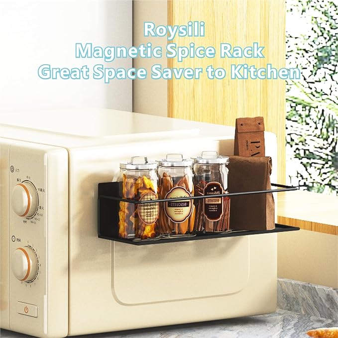Roysili Magnetic Spice Rack For Refrigerator Magnetic Fridge Shelf For Kitchen Spice Organizer Magnetic Shelf For Fridge Space Saving Black 4 Pack