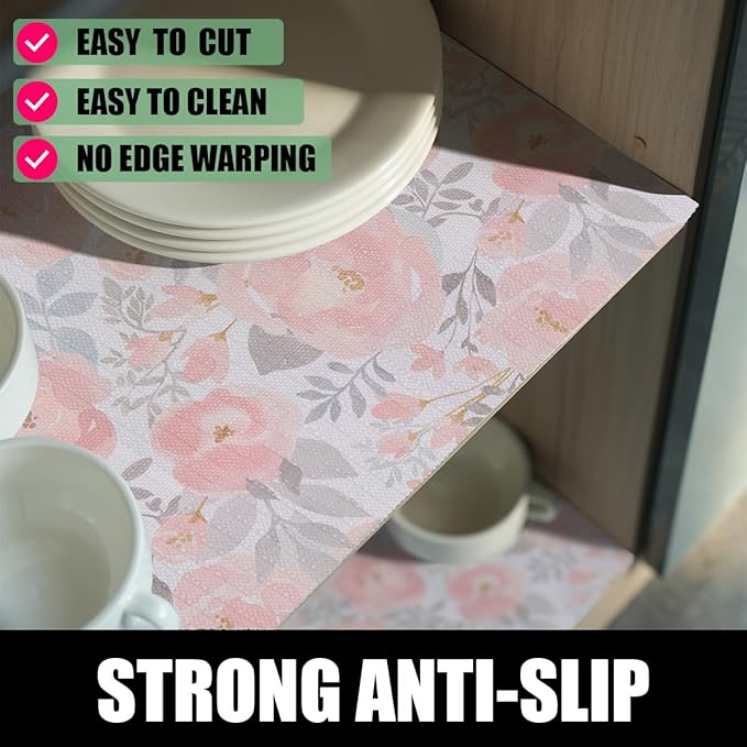 Amiitay Peony Shelf and Drawer Liner for Kitchen,Non-Adhesive and Strong Non-Slip Floral Cabinet Drawer Liners for Kitchen Shelf, Waterproof Cupboard Liners,Easy to Clean,12IN x 10FT