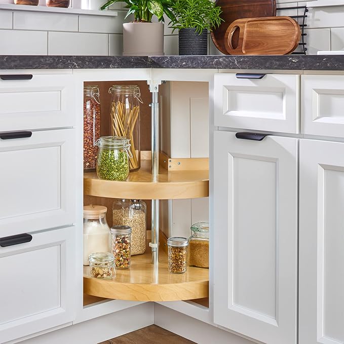 Rev-A-Shelf 28" Pie-Cut Lazy Susan Organizer for Base Corner Kitchen Cabinets, Banded Wood Home Storage 2-Shelves w/Telescoping Shaft, LD-4BW-942-28-1