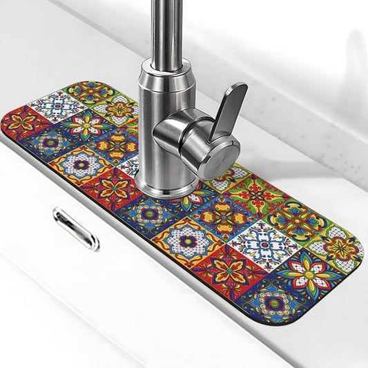 Talavera Mexican Tiles Mexico Kitchen Sink Splash Guard Faucet Mat Super Absorbent Fast Drying Mat Sink Gadgets-Fast Drying Pad Sink Mat For Kitchen Bathroom (15" X 5.5" )