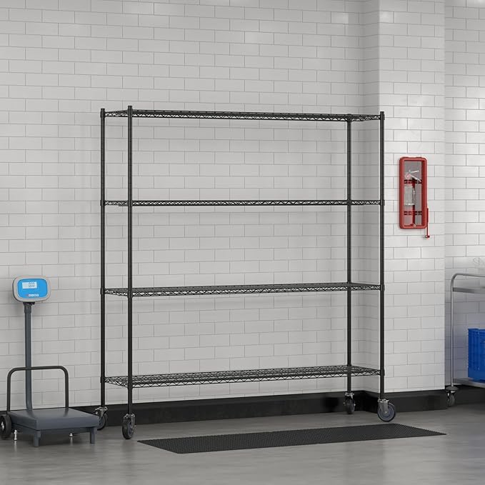 Commercial NSF Listed Black Epoxy Mobile Wire Shelving Kit 18" x 72" x 80", with 4 Shelves Perfect for Warehouse, Walk-in Refrigerator, Freezer, Grocery Store, Restaurant, Dishroom