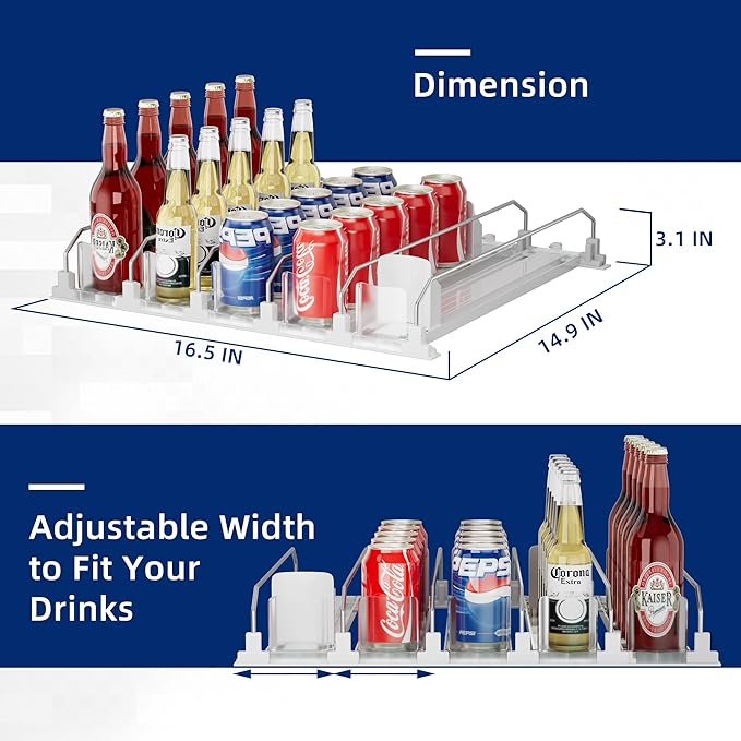 OKITCHEN Drinks Organizer for Fridge and Pantry, Soda Can and Bottle Dispenser for Refrigerator with Automatic Pusher Glide, 5 Rows Holds Up to 25 Cans