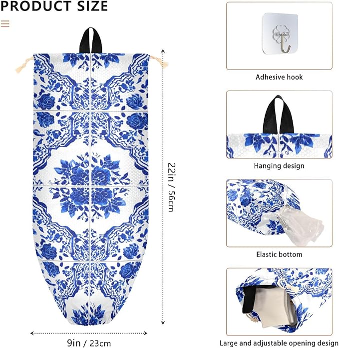 Plastic Bag Holder Wall Mount Grocery Bag Shopping Bag Storage Holder Organizer Dispenser with Adhesive Hook,for Kitchen Bathroom Home Decor 9x22 Inches Flowers Blue and White Geometric11
