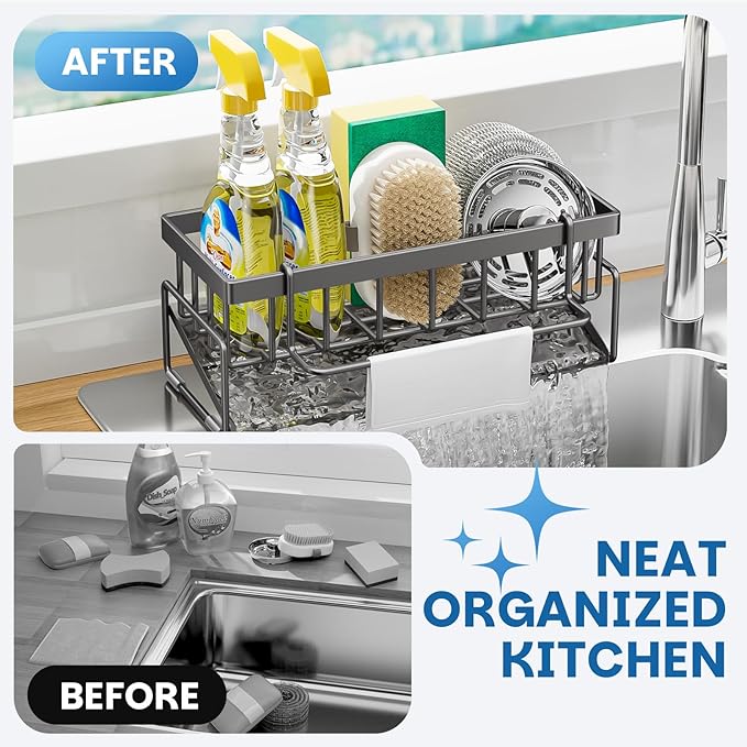 BREIS Kitchen Sink Caddy Organizer with Rag Holder,Self-Draining Sponge Holder for Countertop Soap Dispenser Organizers and Storage Essentials,Kitchen Decor and Accessories