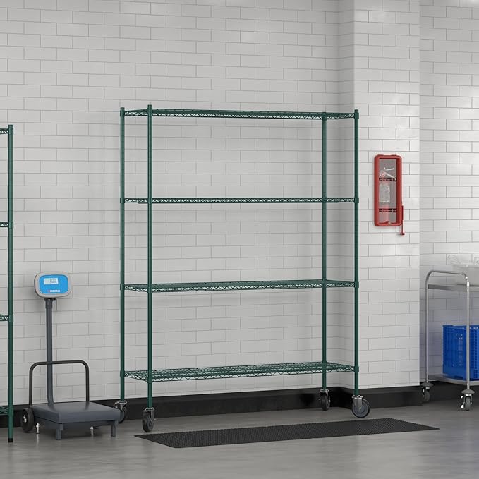 Commercial NSF Listed Green Epoxy Mobile Wire Shelving Kit 18" x 60" x 80", with 4 Shelves Perfect for Warehouse, Walk-in Refrigerator, Freezer, Grocery Store, Restaurant, Dishroom