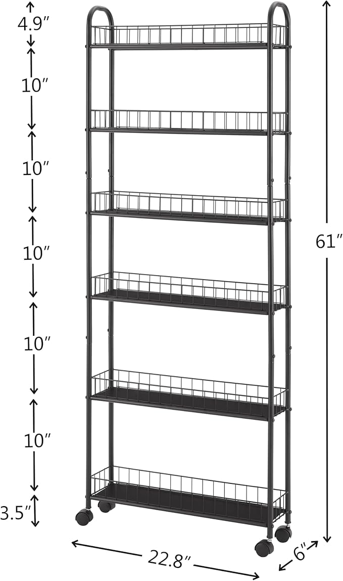 6 Tier Slim Rolling Pantry Storage Cart Metal Wire Storage Shelving Rack with Lockable Wheels Mobile Shelving Unit with Baskets Utility Cart for Kitchen Bathroom Laundry Narrow Places, Black &6" D