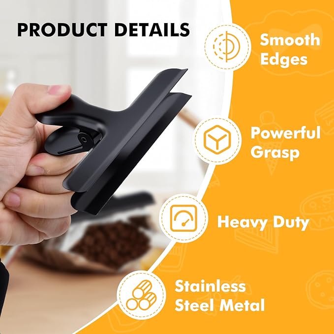 Chip Clips, 12Pcs Black Metal Bag Clips for Food Packages, Snack Chip Clip for Bags, Kitchen Snack Bag Clip for Food Packages and Office Home, 3 Inches