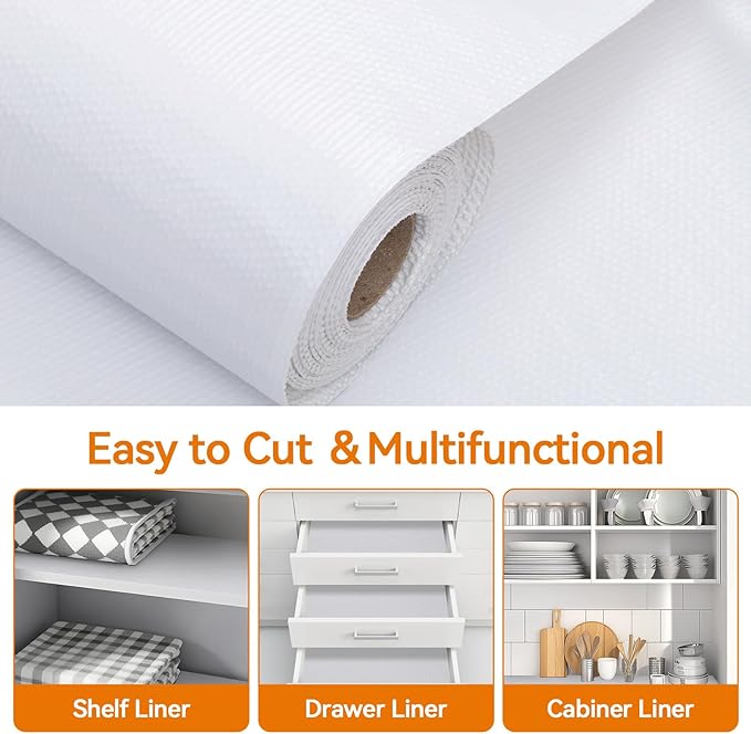Shinlendid Shelf and Drawer Liner for Kitchen Cabinets Non-Adhesive, Strong Grip Non-Slip Thickened Cabinet Liners for Shelves, Waterproof Mats for Dresser Cupboard, White, 24 in x 20 Feet