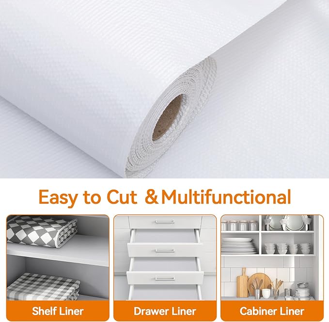 Shinlendid Shelf and Drawer Liner for Kitchen Cabinets Non-Adhesive, Strong Grip Non-Slip Thickened Cabinet Liners for Shelves, Waterproof Mats for Dresser Cupboard, White, 12 in x 10 Feet