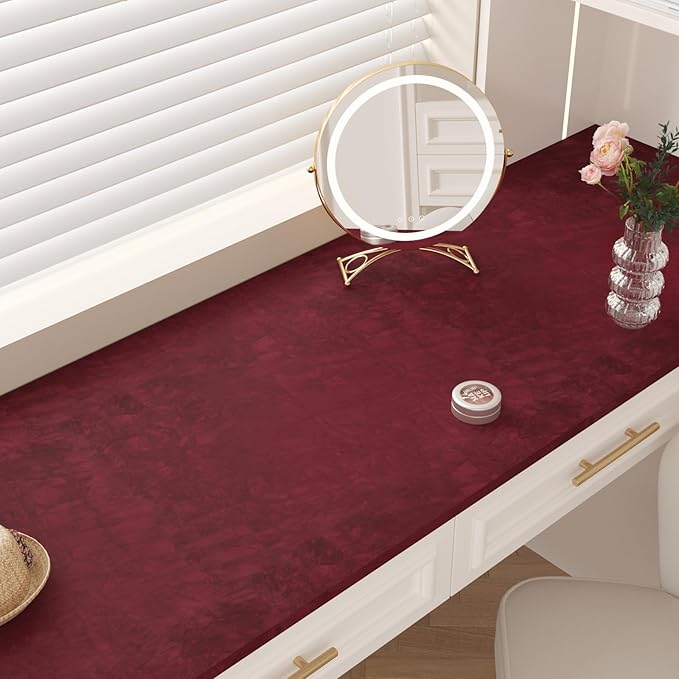 CHIHUT Dark Red Velvet Drawer Liner Soft Creased Velvet Contact Paper for Cabinet Shelf Liner Self Adhesive Red Wallpaper Peel and Stick Thick Flocking Fabric Roll for Jewelry Box Dresser 12"x472"