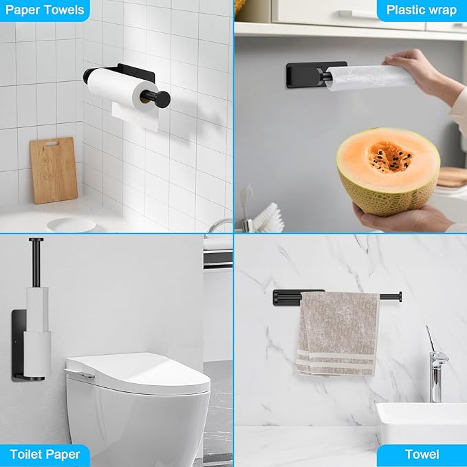 Black Paper Towel Holder Under Cabinet, Adhesive Under Counter Paper Towel Holder Wall Mount Towel Rack, No Drilling Toilet Paper Roll Holders for Kitchen Bathroom Fridge Pantry Garage RV Essentials
