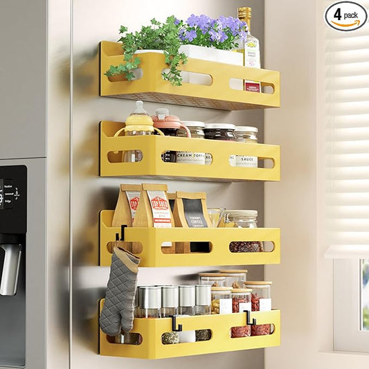 4 Pack Strong Magnetic Spice Rack for Refrigerator, Multipurpose Magnetic Shelf for Fridge with 4 Hooks for kitchen and Bathroom Organization, Yellow