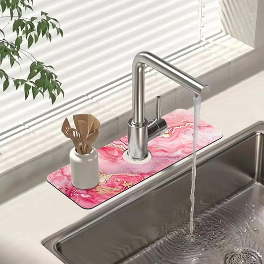 Sink Splash Guard Faucet Mat Pink Gold Marble Absorbent Fast Drying Mat Sink Gadgets Splash Guard Behind Faucet Drip Catcher for Kitchen Bathroom 15.5"X5.5"