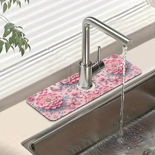 Pink Floral Sink Faucet Absorbing Mat Flower Butterfly Super Absorbent Fast Drying Mat Sink Gadgets Behind Faucet Sinkmat for Kitchen Bathroom, 15.5"x5.5"