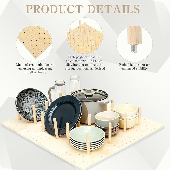 14 Pcs Pegboard Drawer Organizer with 140 Wood Peg 21 Inch Wooden Plate Utensils Organizer Dishes Storage Drawer Dividers, for Kitchen (Wood Color)