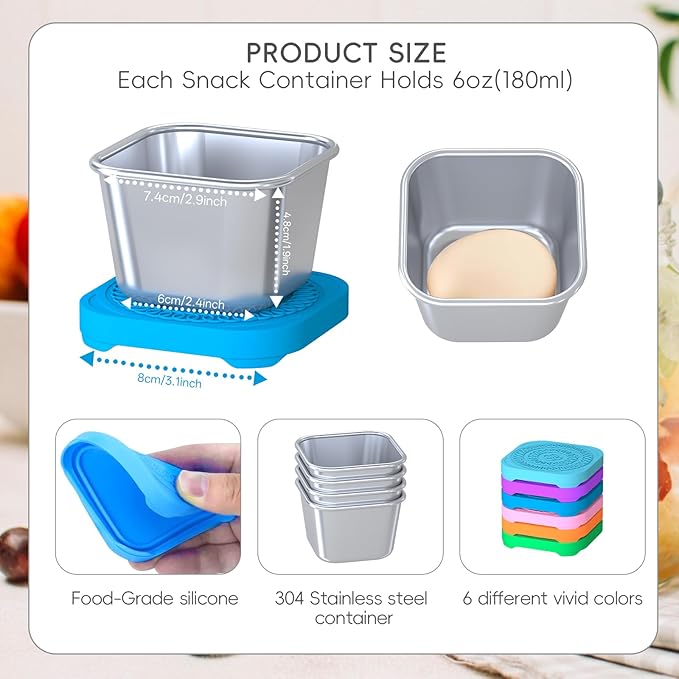 6Pack 6oz Stainless Steel Snack Containers for Kids, Leak Proof Small Food Storage Container with Silicone Lid, Easy Open Leak Proof Stainless Steel Food Storage Containers with Silicone Lids