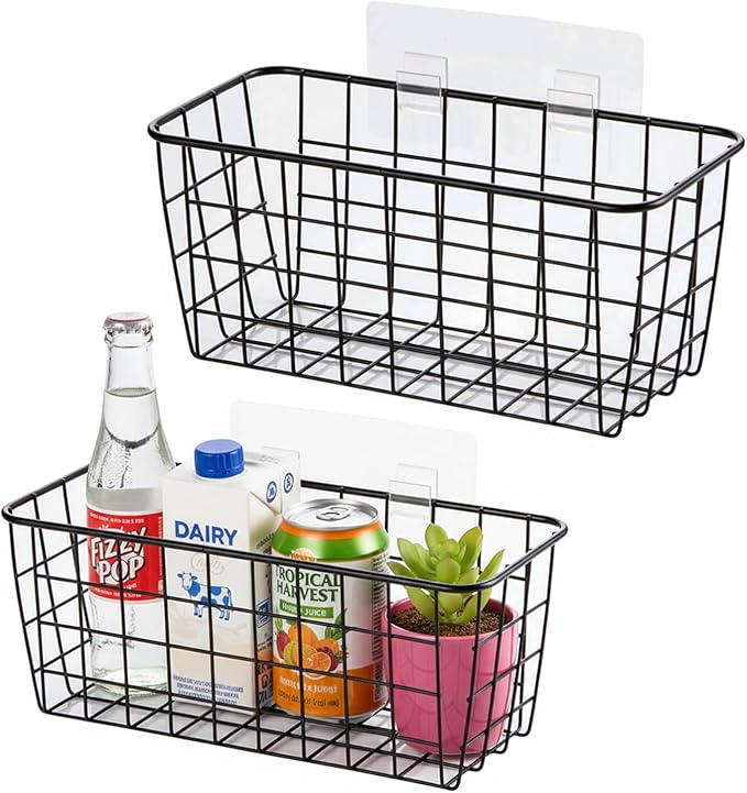 Black Hanging Wall Baskets,inside cabinet door organizer,Adhesive Wire Wall Storage Baskets for Pantry and organizer, Kitchen onion Food photo Bathroom,No Drilling Wall Mounted Basket,2 Pack