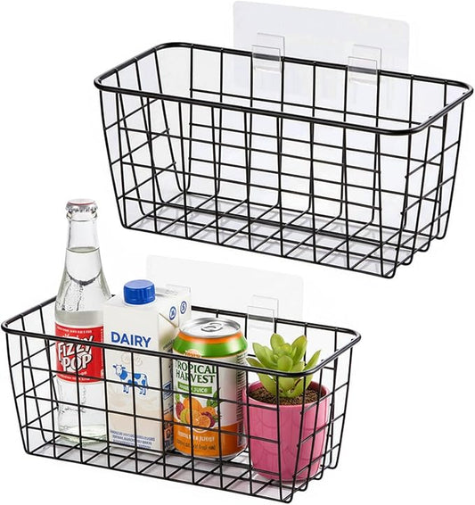 Black Hanging Wall Baskets,inside cabinet door organizer,Adhesive Wire Wall Storage Baskets for Pantry and organizer, Kitchen onion Food photo Bathroom,No Drilling Wall Mounted Basket,2 Pack