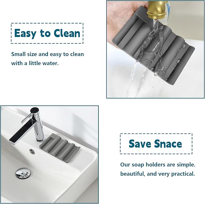 Silicone Soap Dish,Self Draining Soap Holder Perfect for Shower,Bathroom Sink,Kitchen Sink & Travel,Non-Slip Bar Soap Holder Extend Soap Life,Keep Soap Bars Dry Clean (Grey-2Pcs)