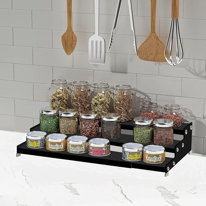 Spice Rack Organizer 3 Tier Expandable Display Shelf(12.8"-24.01" W) Non-Skid Heavy Duty Sturdy Metal Iron Alloy Steel Step Racks 2 Packs/Black