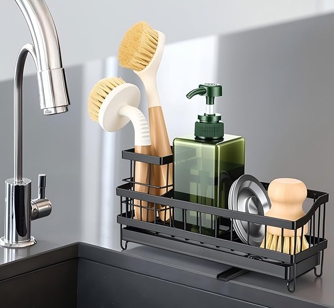 Sink Caddy & Organizer with 360° Rotating Drain, Countertop Holder for Sponges, Dishwashing Liquid, Long Handle Scrubber Compartment - Black