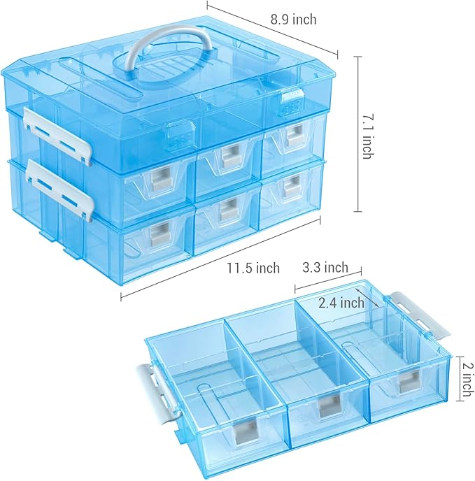 MyGift 11 Inch Sky Blue Transparent Arts and Crafts Sewing Supplies Storage Organizer Case with White Accents, 24 Customizable Compartments, 6 Drawers Removable Dividers