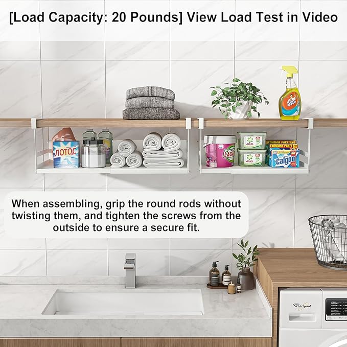 Expandable Under Cabinet Shelf Organizer with 0.94-Inch Thick Clips, Heavy Duty Extendable Under Shelf Storage Basket for Pantry or Laundry Room, White, 2 Pack, Interior: 4.13" H x 8.54" D