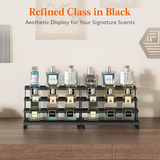 Lifewit 4 Tier Cologne Organizer for Men, 9.8inch Wooden Perfume Stand, Display Riser Shelf for Fragrance, Aftershave, Skincare Makeup for Vanity, Bedroom, Bathroom Countertop Storage, Black, 1 Pcs