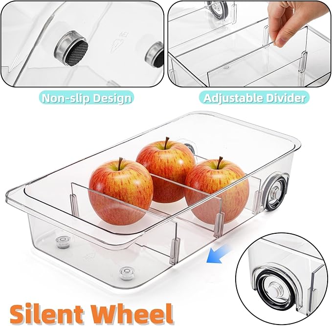 YIMITEE 2 Pack Refrigerator Organizer Bin with Wheels, Roll Out Pantry Storage with Dividers, Clear Plastic Refrigerator Drawer, Upgrade Thick Fridge Caddy for Under Sink, Kitchen Organization