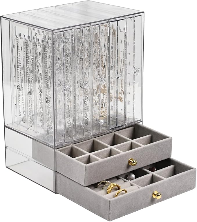 Greenfeather Jewelry Organizer with 7 Removable Drawers, Clear Acrylic Jewelry Box with 40 Necklace Hooks, 120 Pairs of Earring Holes, 2 Velvet-Lined Drawers for Rings, Necklaces, Earrings,Gray
