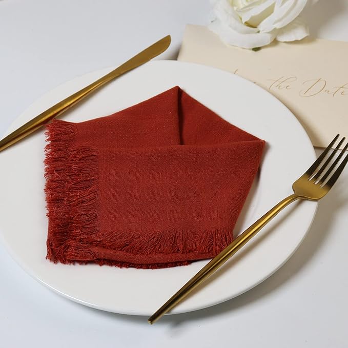 Handmade Cloth Napkins with Fringe,18 x 18 Inches Cotton Linen Napkins Set of 4 Versatile Handmade Square Rustic Fringe Napkins for Dinner, Wedding and Parties, Terracotta