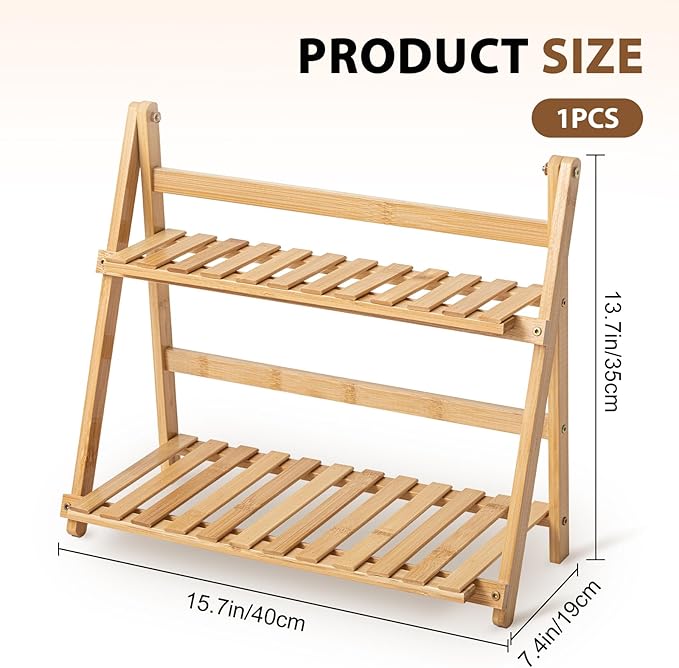 Matcha Station Shelf,15.7'' Coffee Station Organizer, 2 Tiers Bamboo Mug Holder Countertop,Desktop Flower Pot Rack for Home Living Room Window Sill Foldable Display Storage Shelf(Wood)