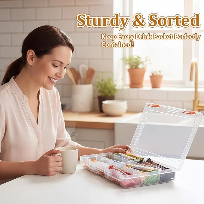 Drink Packet Organizer – Stackable Clear Acrylic Water Flavor Packet Organization with Removable Dividers & Secure Lid for Kitchen, Countertop, Pantry, and Travel (Orange)