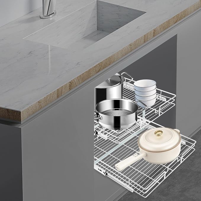 2 Tier Pull Out Cabinet Organizer 24 "W X 22 "D, Double Wire Basket Sliding Shelf, Pull Out Drawer for Kitchen Cabinets, Base Cabinet Organization for Kitchen, Bathroom, Pantry, Chrome (Silver)