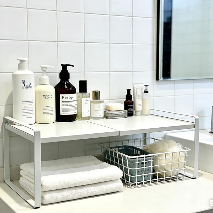 Expandable Cabinet Shelf Organizer 14-25" L Stackable Kitchen Counter Shelf Rack Sink Riser Countertop Storage white(1 Pack)