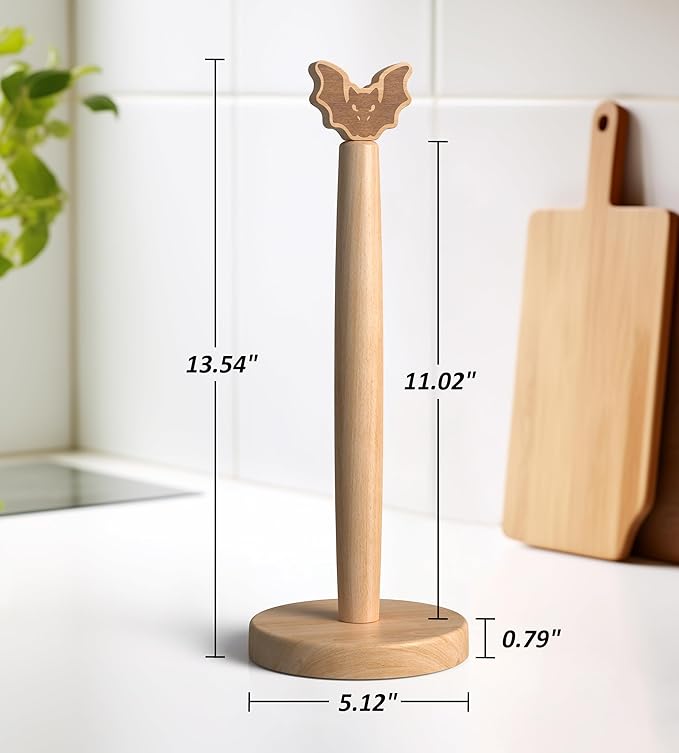 KitchLife Cute Wooden Paper Towel Holder Countertop - Solid Freestanding Paper Towel Dispenser Stand Organizer with Anti-Skid Base (Bat)