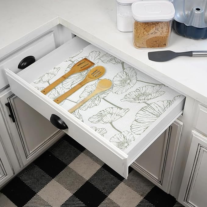 Quttisay Shelf Liner for Kitchen Cabinets Non Adhesive Kitchen Drawer Liner,Non-Slip Lotus Cabinet Liner Shelf Paper,Pantry Shelf Liners for Cabinets Dresser Cupboard Liner Decorative 15.7In x 10FT
