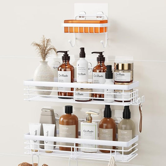 Orimade Adhesive Shower Caddy Soap Dish Holder Shelf with 5 Hooks Bathroom Organizer Basket Kitchen Storage Rack Wall Mounted No Drilling Stainless Steel - 3 Pack, White