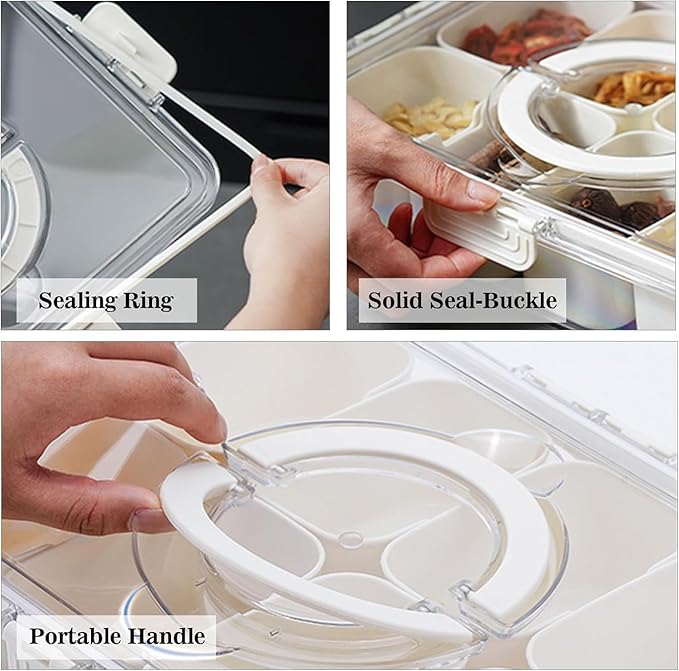 Snack Box Container, Divided Serving Tray with Lid and Handle Snackle Box Container, Snack Organizer for Adults Fruit, Veggie, Perfect for Party, Entertaining