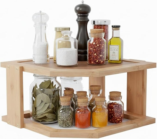 2-Tier Bamboo Corner Shelf for Kitchen or Bathroom Cabinet, Countertop, Cupboard Storage and Organizer, Natural Wood Space Saving Rack by Lavish Home