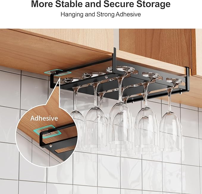 iSPECLE Wine Glass Holder - 3 Rows Under Cabinet Stemware Rack Holds 9 Wine Glasses Upside Down, Quick Access & Tidy Storage for Bar Kitchen, Black