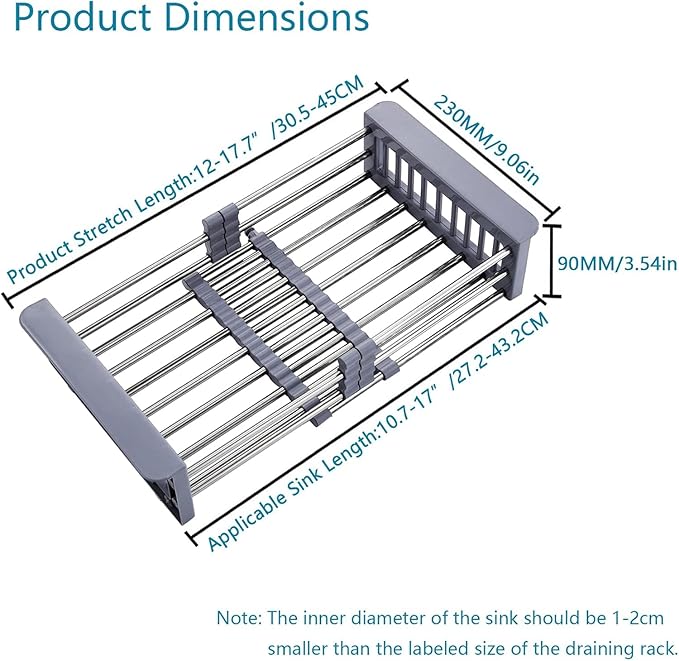 Expandable Dish Drying Rack Over The Sink, Stainless Steel Drainer Basket with Adjustable Arms for Dishes, Vegetable and Fruit (Grey)