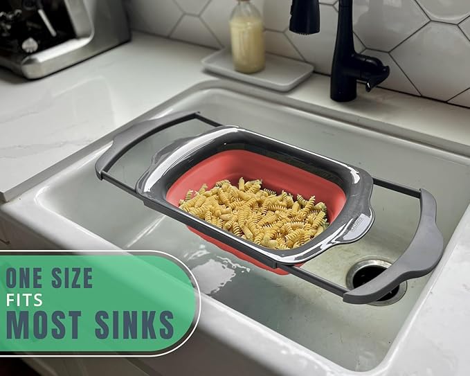 Comfify XL Large Kitchen Strainer - Collapsible Silicone Over-The-Sink Colander with Extendable Handles - Use with Pasta, Fruit, Berries & Veggie - 6 Quart - Coral