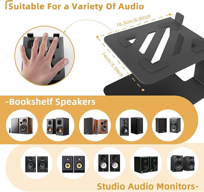 Desktop Speaker Stands with Vibration Absorption Pads, Metal Bookshelf Speaker Stands - Studio Monitor Support, 30lbs Load Capacity, 5 Incline, Black