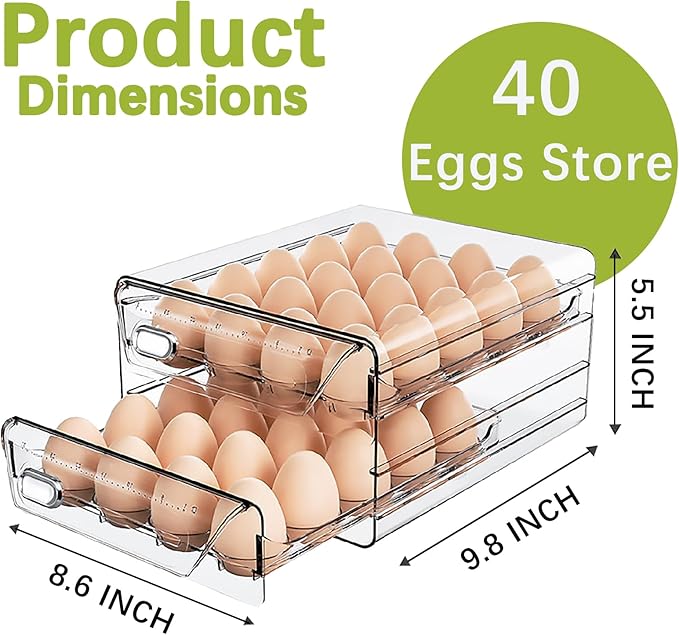 Clear large 40 Egg Holder for Fridge with Drawers,Fresh Egg Organizer for Refrigerator,Stackable Egg Storage Dispenser for Refrigerator with Time Scale,High Capacity Container
