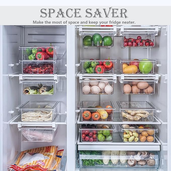 Dewpeton Refrigerator Organizer Bins - Clear Plastic Container Drawer for Egg Vegetable Fruit Snack Drink Food, Home Essentials Organization and Storage for Fridge Kitchen Cabinet Pantry Freezer