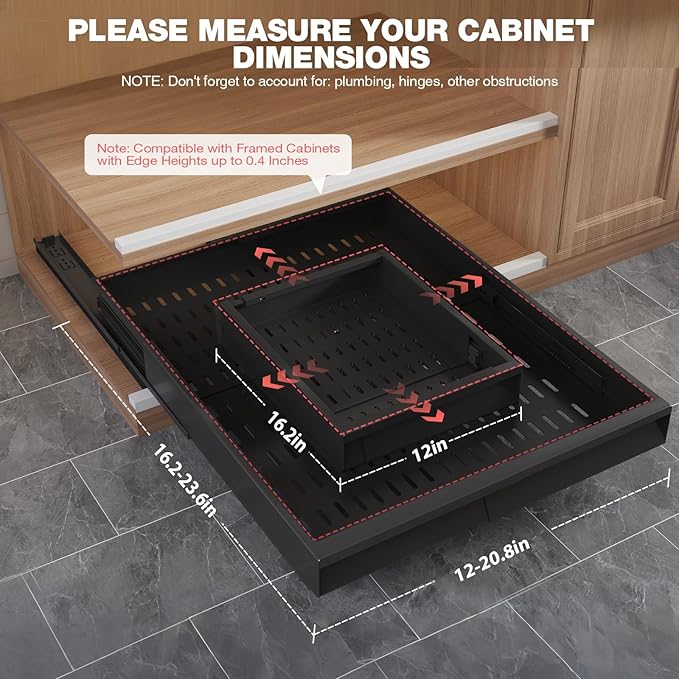 4 Pack Pull Out Cabinet Organizer Expandable Width (12"-20.8") & Depth (16.2"-23.6"), 3 Slide Rails Slide Out Drawers with Handle, Includes Raising Pad for Framed Cabinets, Black