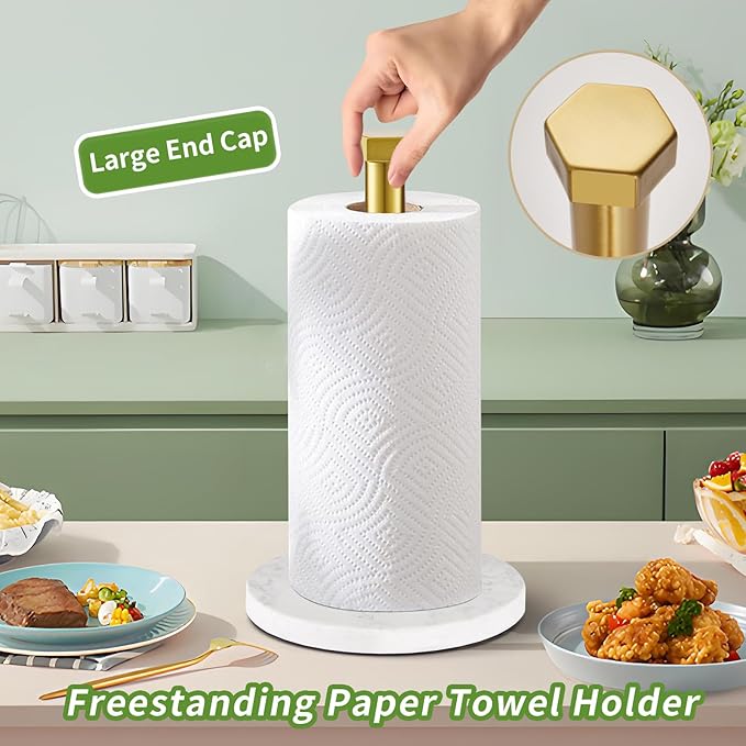 Paper Towel Holder, Kitchen Paper Towels Holder Stand, Stainless Steel Paper Towel Holder -High-Grade Marble Weighted Base, Non-Slip Protect The countertop -Brushed Gold